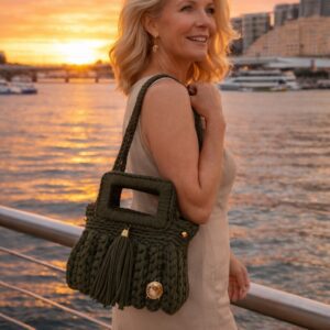 Moss Green Crochet Barrel Bag